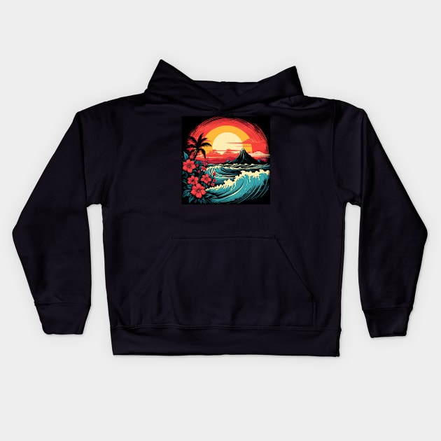 Hawaii Waves at Sunset Kids Hoodie by LED Graphix